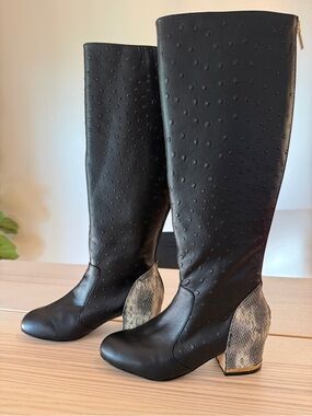 Deesigns Dee Ocleppo Black Leather Ostrich Snake Knee High Boots 7M